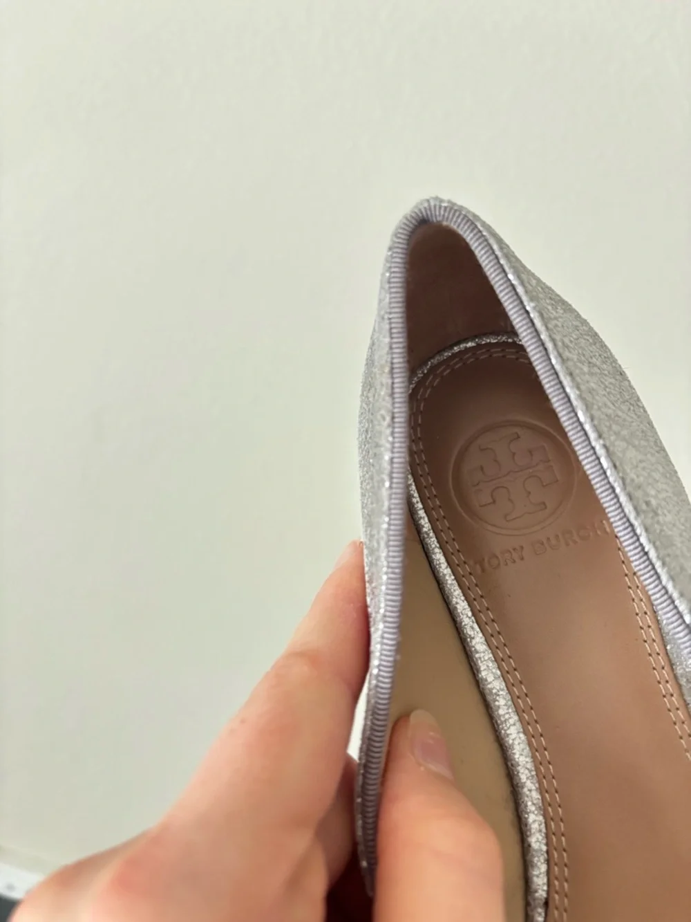 Tory Burch Silver Pointed Silver Bow Ballet Flats with Crystal Embellishment 5.5
